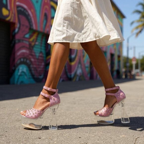 Pink Glitter Platform Heels Golden Bulls Detux-02 Studded Clear High Heel Sandal - Picture 6 of 7